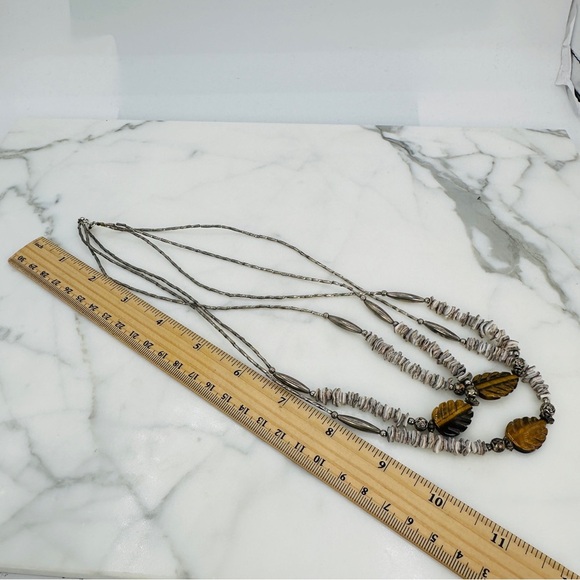 Natural Carved Tigers Eye Necklace Three Strands 925 Sterling Silver Clasp Boho - Picture 10 of 11